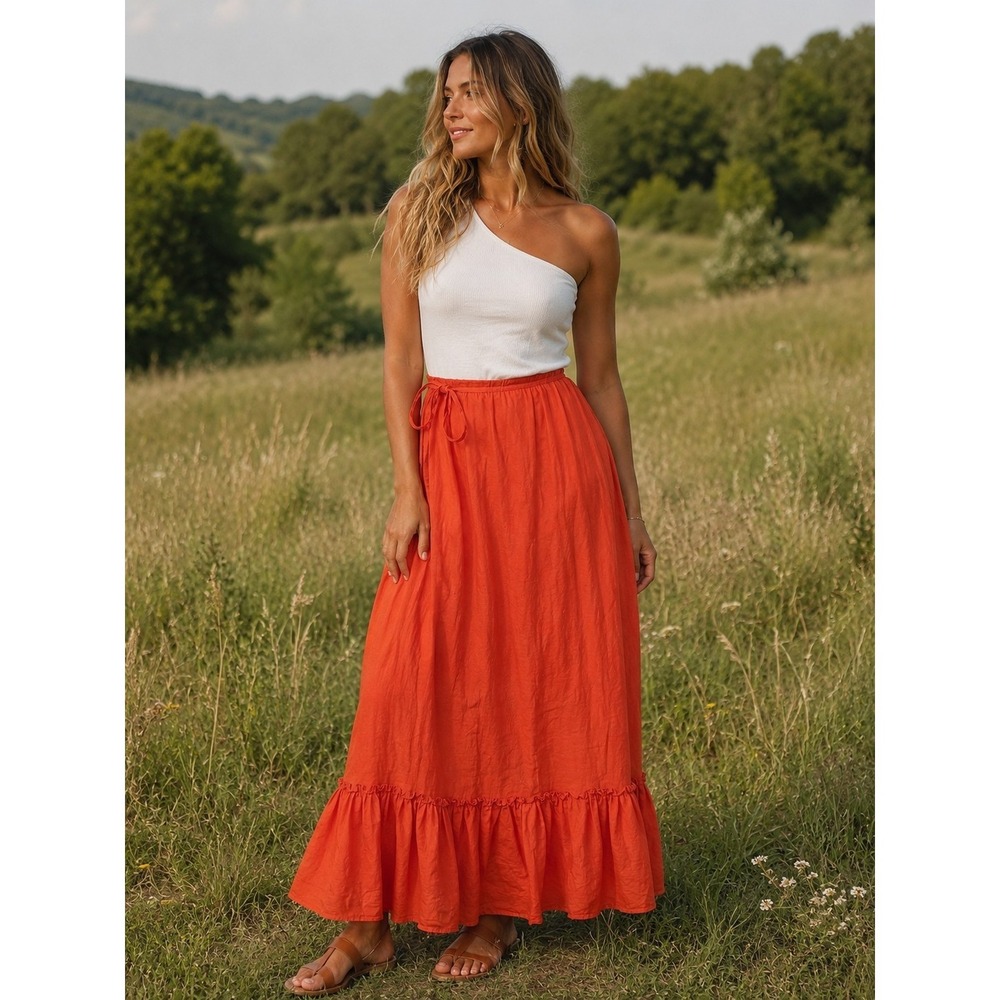 GAP 100% Linen Maxi Skirt Womens Size 14 Ruffle Hem Resort Vacation Hawaiian